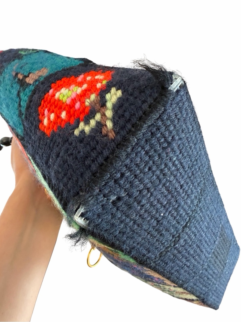 Vintage Needlepoint Patchwork Beaded Handle Handbag Floral Cottagecore - Picture 4 of 8